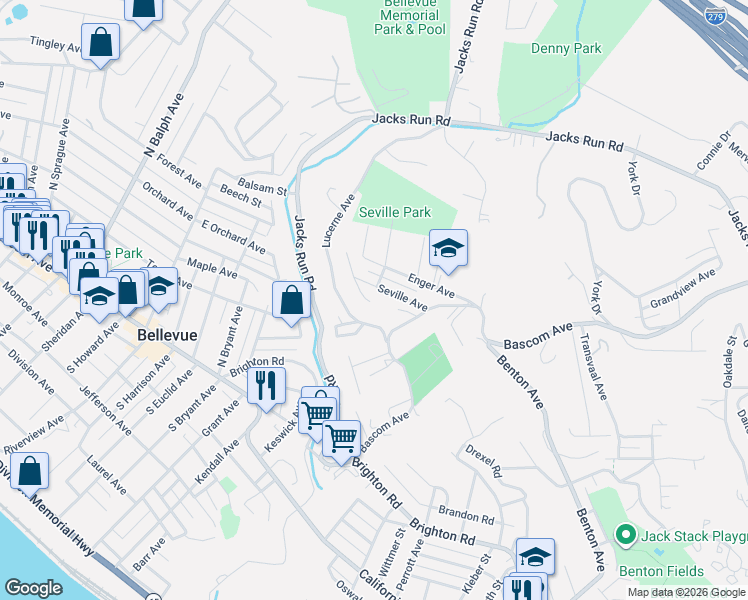 map of restaurants, bars, coffee shops, grocery stores, and more near 125 Seville Avenue in Pittsburgh