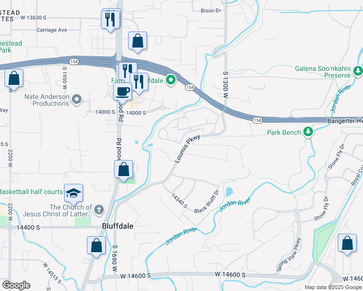 map of restaurants, bars, coffee shops, grocery stores, and more near 14099 South Rutherford Avenue in Riverton