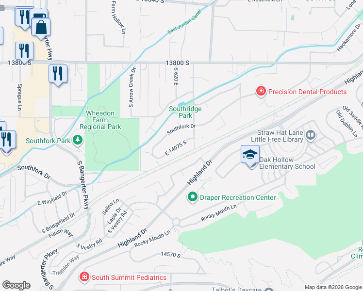 map of restaurants, bars, coffee shops, grocery stores, and more near 613 Hollow Creek Road in Draper