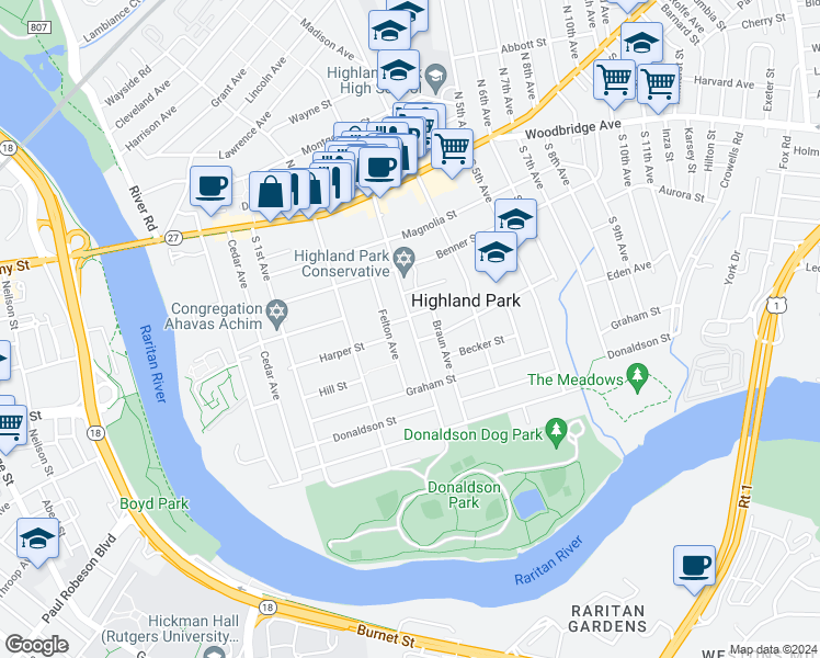 map of restaurants, bars, coffee shops, grocery stores, and more near 256 South 3rd Avenue in Highland Park