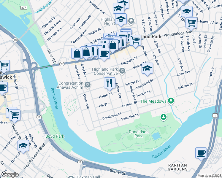 map of restaurants, bars, coffee shops, grocery stores, and more near 201 South 2nd Avenue in Highland Park
