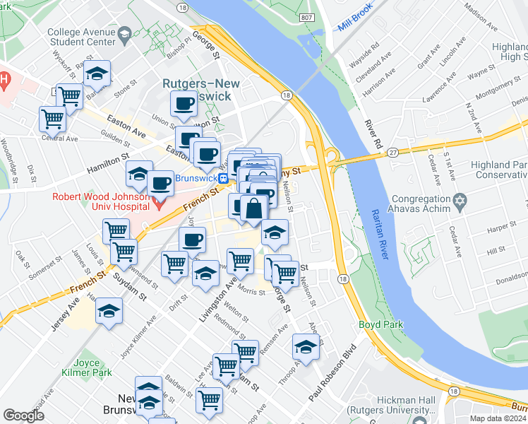 map of restaurants, bars, coffee shops, grocery stores, and more near 375c George Street in New Brunswick