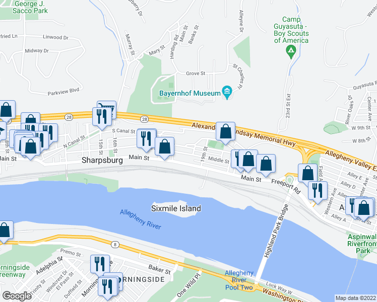 map of restaurants, bars, coffee shops, grocery stores, and more near 1863 Chapman Street in Pittsburgh