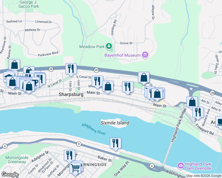 map of restaurants, bars, coffee shops, grocery stores, and more near 1840 Cecil Street in Sharpsburg