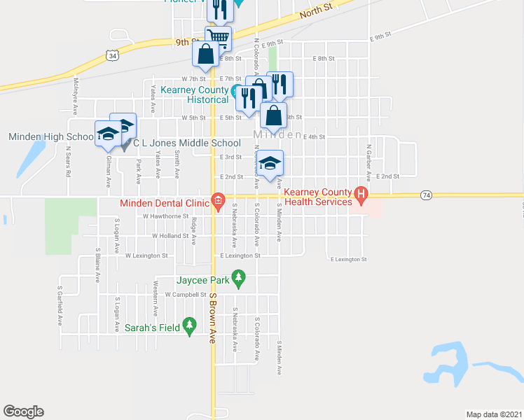map of restaurants, bars, coffee shops, grocery stores, and more near 144 South Colorado Avenue in Minden