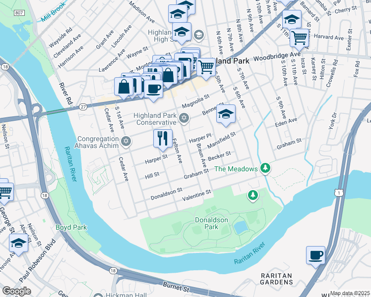 map of restaurants, bars, coffee shops, grocery stores, and more near 256 South 3rd Avenue in Highland Park