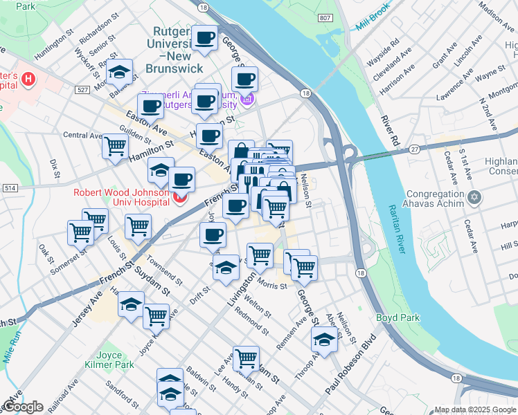 map of restaurants, bars, coffee shops, grocery stores, and more near 1 Spring Street in New Brunswick