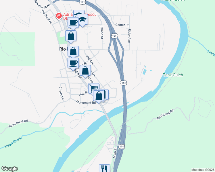 map of restaurants, bars, coffee shops, grocery stores, and more near 244 2nd Avenue in Rio Dell