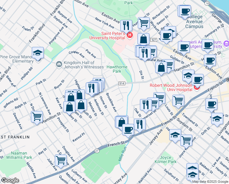 map of restaurants, bars, coffee shops, grocery stores, and more near 464 Hamilton Street in Franklin Township