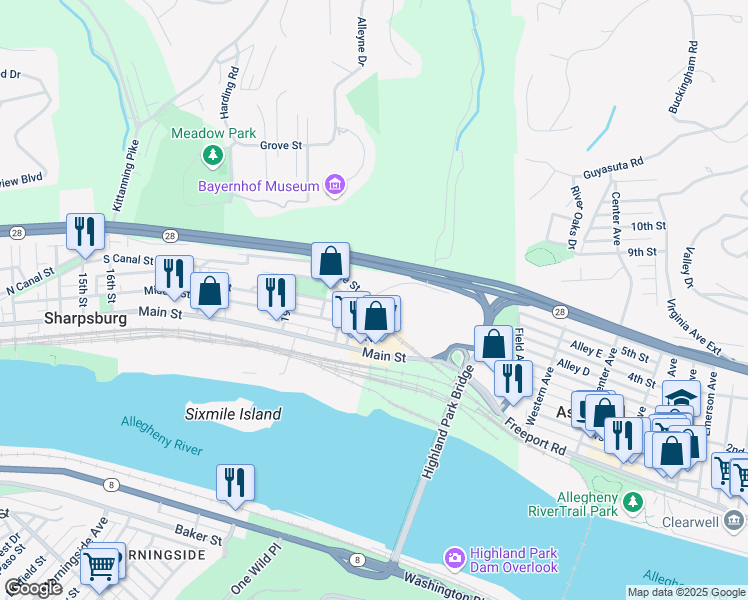 map of restaurants, bars, coffee shops, grocery stores, and more near 300 23rd Street in Sharpsburg
