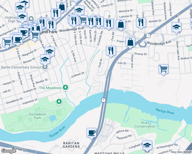 map of restaurants, bars, coffee shops, grocery stores, and more near 351 Crowells Road in Highland Park