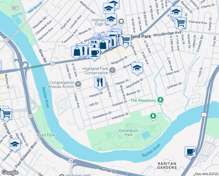 map of restaurants, bars, coffee shops, grocery stores, and more near 256 South 3rd Avenue in Highland Park