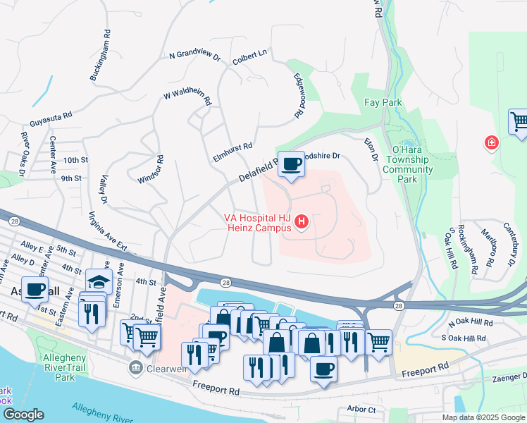 map of restaurants, bars, coffee shops, grocery stores, and more near 118 South Pasadena Drive in Pittsburgh