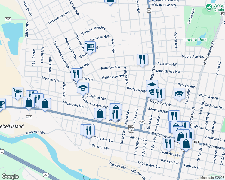map of restaurants, bars, coffee shops, grocery stores, and more near 614 Cedar Lane Northwest in New Philadelphia