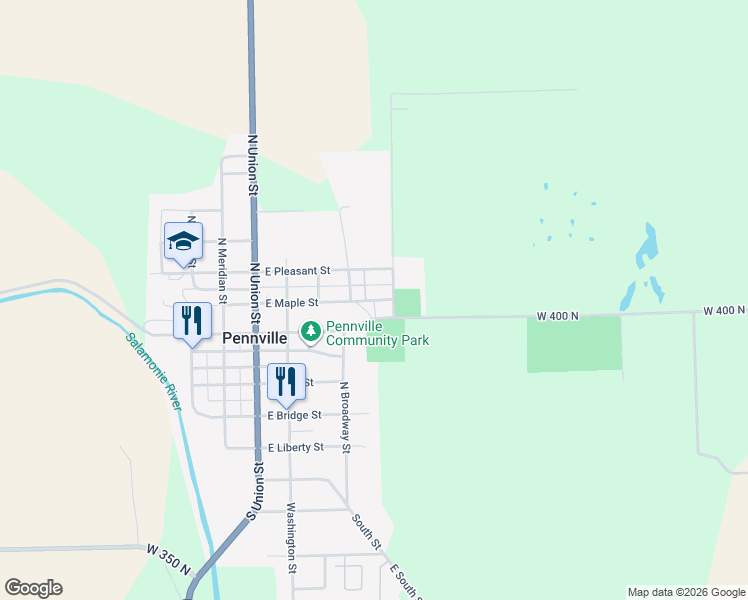 map of restaurants, bars, coffee shops, grocery stores, and more near 457 East Maple Street in Pennville