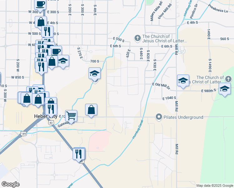 map of restaurants, bars, coffee shops, grocery stores, and more near 1035 500 East in Heber City