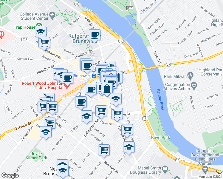 map of restaurants, bars, coffee shops, grocery stores, and more near 32 Paterson Street in New Brunswick