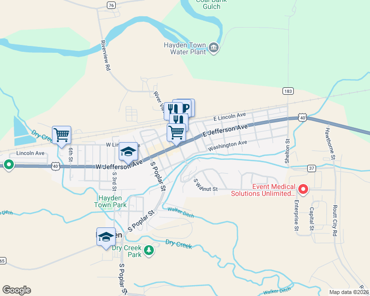 map of restaurants, bars, coffee shops, grocery stores, and more near 105 West Jefferson Avenue in Hayden
