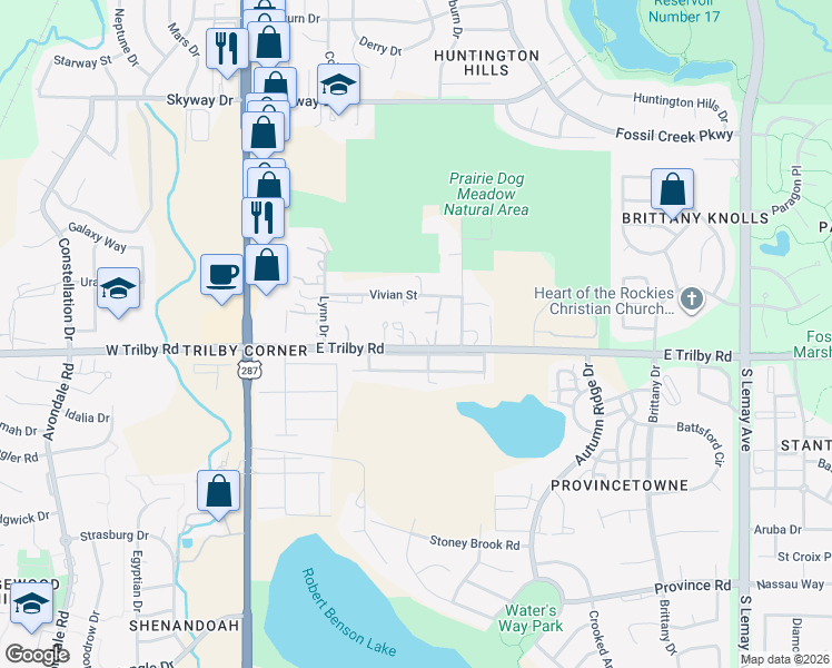 map of restaurants, bars, coffee shops, grocery stores, and more near 412 East Trilby Road in Fort Collins