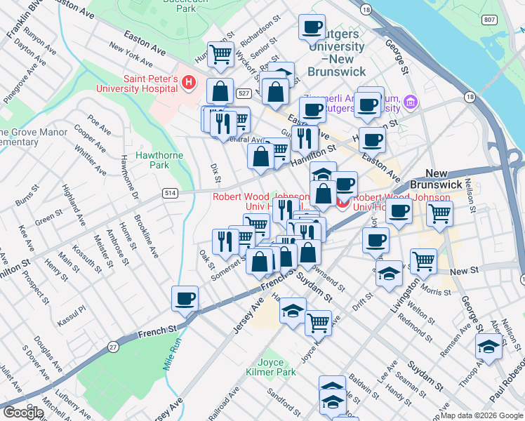 map of restaurants, bars, coffee shops, grocery stores, and more near 81 Louis Street in New Brunswick