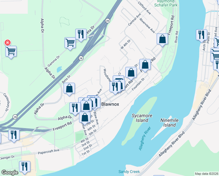 map of restaurants, bars, coffee shops, grocery stores, and more near 409 Walnut Street in Blawnox