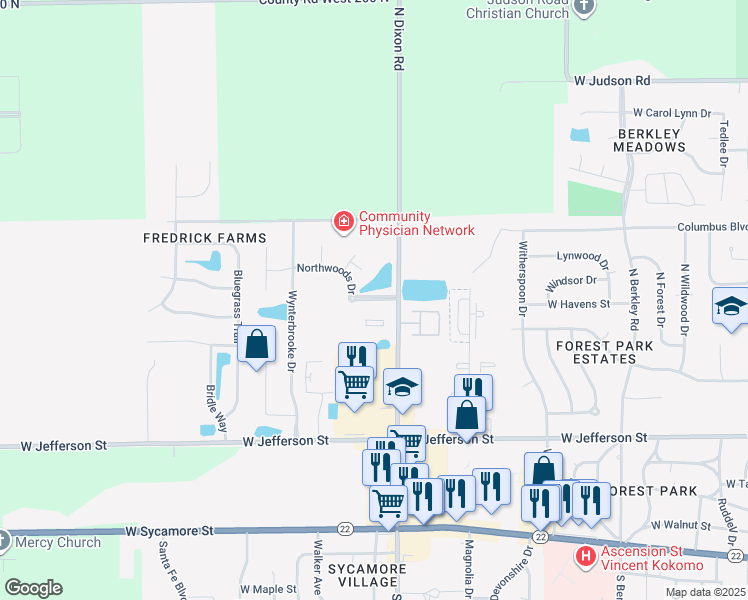 map of restaurants, bars, coffee shops, grocery stores, and more near 815 Mallard Court in Kokomo