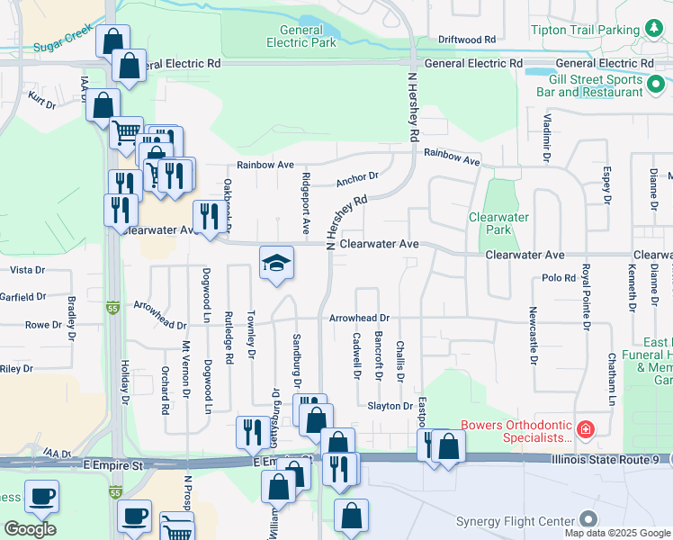 map of restaurants, bars, coffee shops, grocery stores, and more near 1309 North Hershey Road in Bloomington
