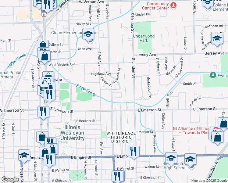 map of restaurants, bars, coffee shops, grocery stores, and more near 27 Broadway Place in Normal