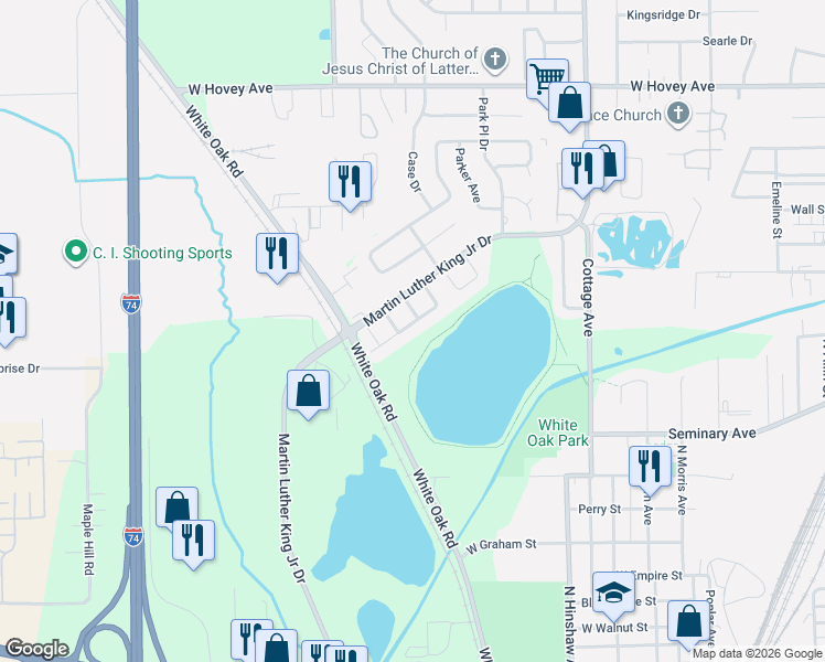 map of restaurants, bars, coffee shops, grocery stores, and more near 35 Oak Park Road in Bloomington