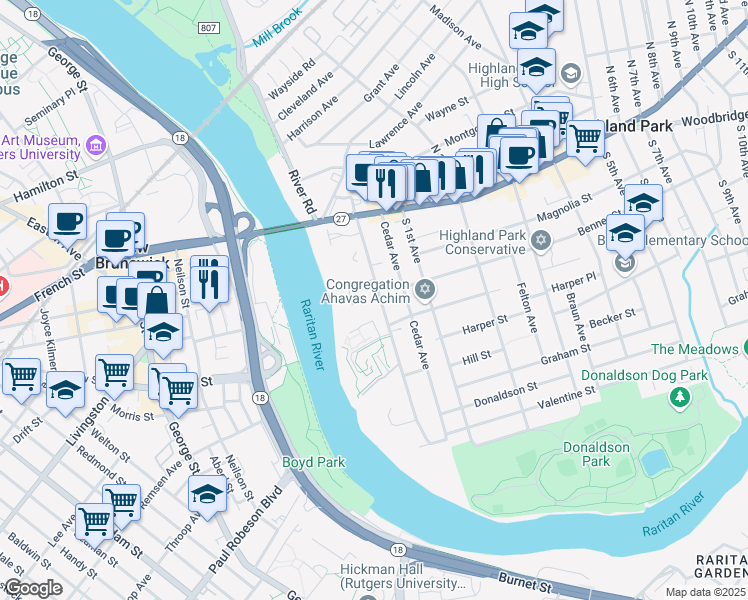 map of restaurants, bars, coffee shops, grocery stores, and more near 20 Cliff Court in Highland Park