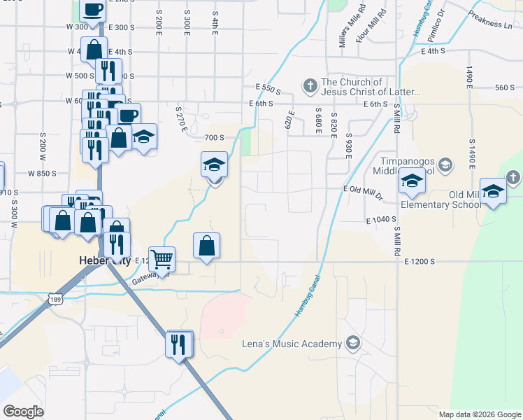 map of restaurants, bars, coffee shops, grocery stores, and more near 1035 500 East in Heber City