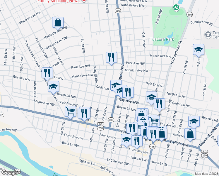 map of restaurants, bars, coffee shops, grocery stores, and more near 350 4th Street Northwest in New Philadelphia