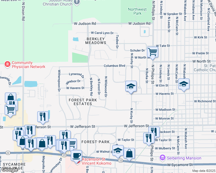 map of restaurants, bars, coffee shops, grocery stores, and more near 922 North Wildwood Drive in Kokomo