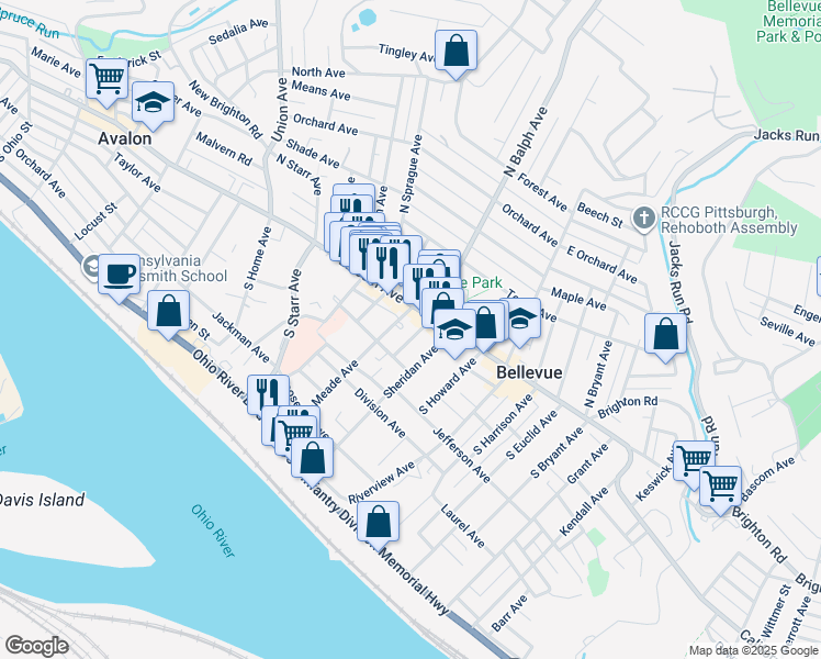 map of restaurants, bars, coffee shops, grocery stores, and more near 17 Meade Avenue in Pittsburgh