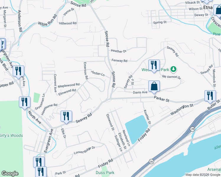 map of restaurants, bars, coffee shops, grocery stores, and more near 353 Hawthorne Road in Pittsburgh