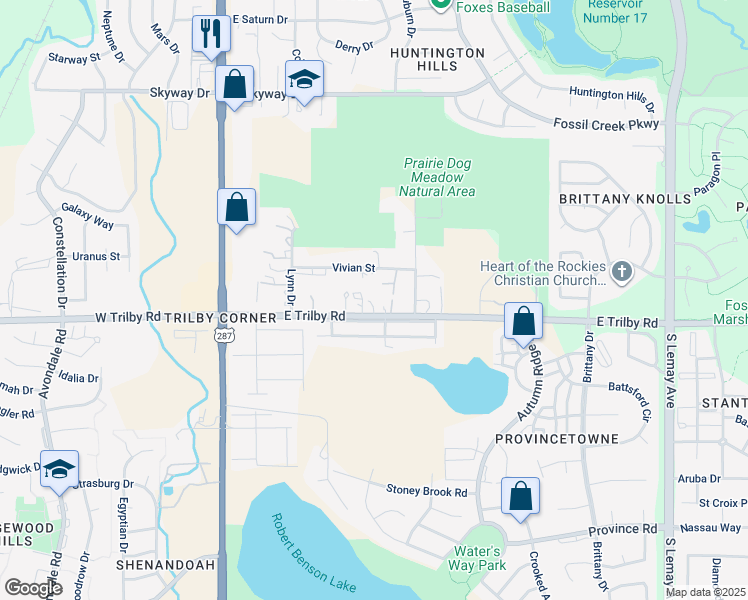 map of restaurants, bars, coffee shops, grocery stores, and more near 412 East Trilby Road in Fort Collins
