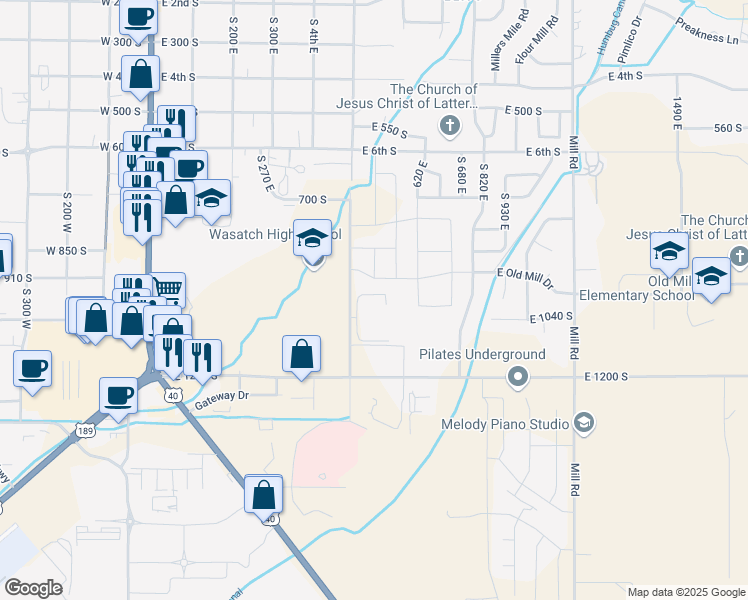 map of restaurants, bars, coffee shops, grocery stores, and more near 1031 500 East in Heber City