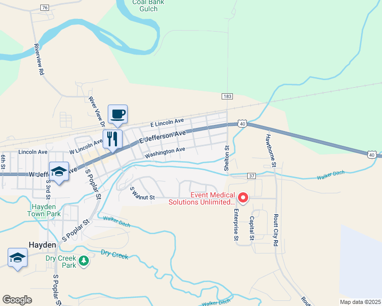 map of restaurants, bars, coffee shops, grocery stores, and more near 553 Washington Avenue in Hayden