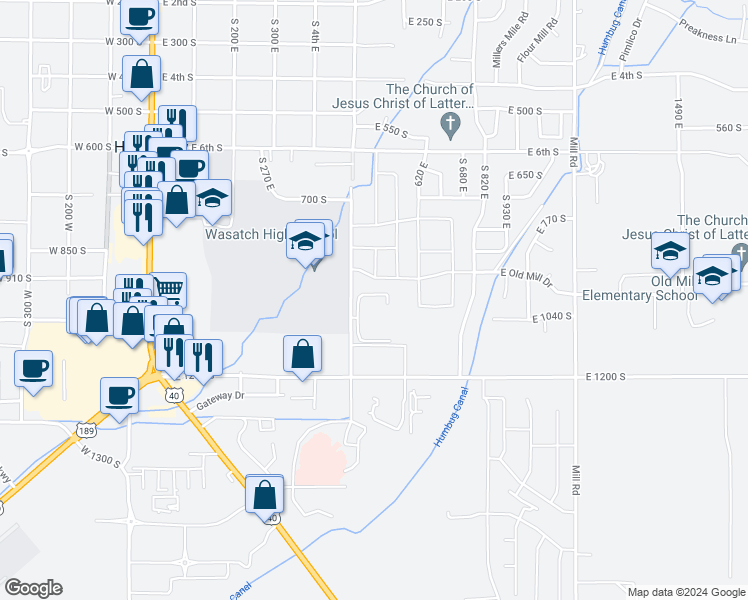 map of restaurants, bars, coffee shops, grocery stores, and more near 1035 500 East in Heber City