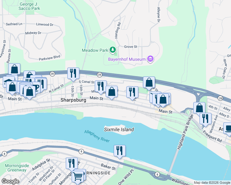 map of restaurants, bars, coffee shops, grocery stores, and more near 1840 Cecil Street in Sharpsburg
