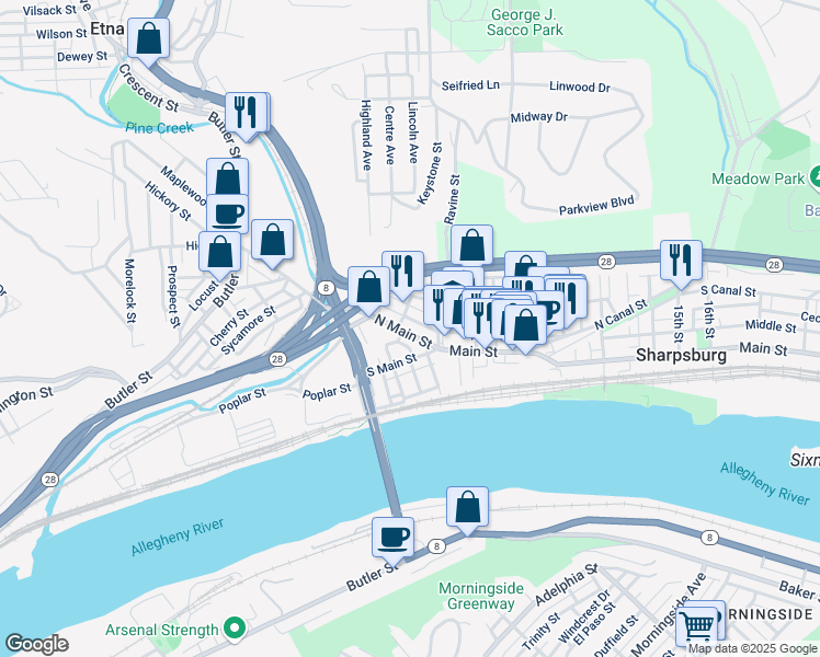 map of restaurants, bars, coffee shops, grocery stores, and more near 220 Clay Street in Pittsburgh