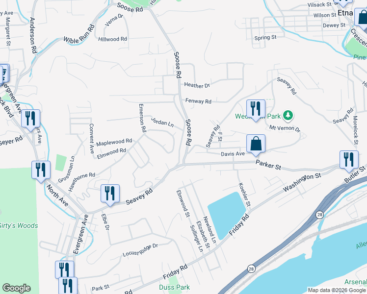 map of restaurants, bars, coffee shops, grocery stores, and more near 353 Hawthorne Road in Pittsburgh