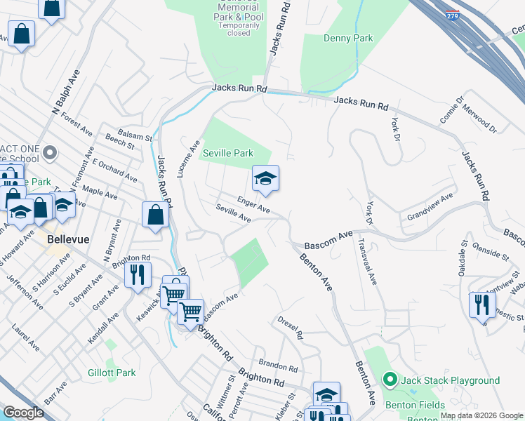 map of restaurants, bars, coffee shops, grocery stores, and more near 119 Enger Avenue in Pittsburgh