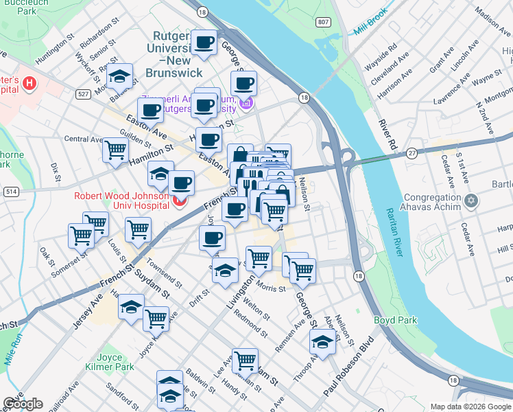 map of restaurants, bars, coffee shops, grocery stores, and more near 1 Spring Street in New Brunswick