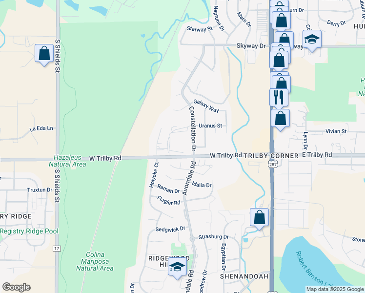 map of restaurants, bars, coffee shops, grocery stores, and more near 508 West Trilby Road in Fort Collins