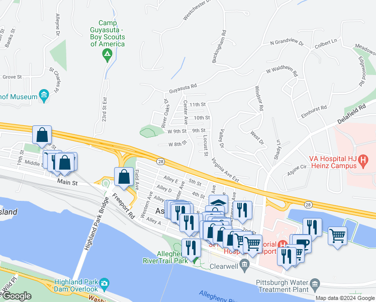 map of restaurants, bars, coffee shops, grocery stores, and more near 705 Center Avenue in Aspinwall
