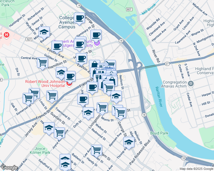map of restaurants, bars, coffee shops, grocery stores, and more near 1 Spring Street in New Brunswick