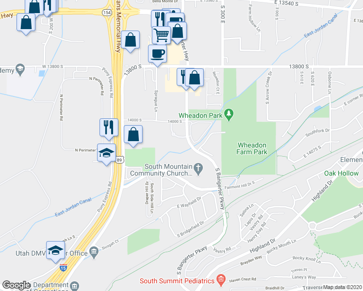 map of restaurants, bars, coffee shops, grocery stores, and more near 172 14075 South in Draper