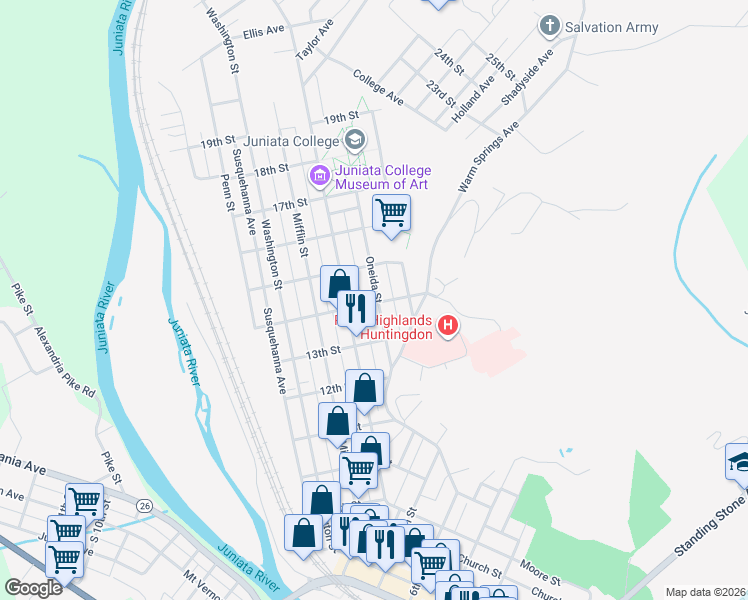 map of restaurants, bars, coffee shops, grocery stores, and more near 523 14th Street in Huntingdon