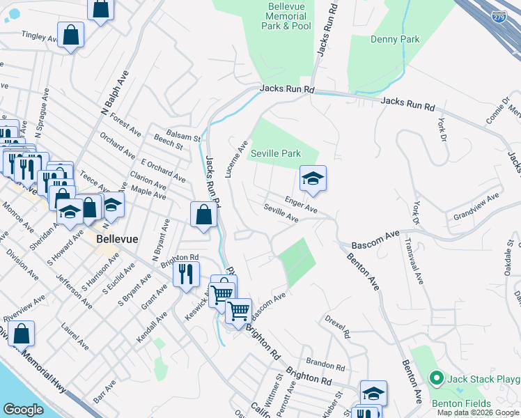 map of restaurants, bars, coffee shops, grocery stores, and more near 201 Seville Avenue in Pittsburgh